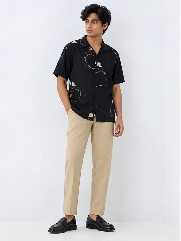 Black botanical shirt fashion look on Indian-looking model