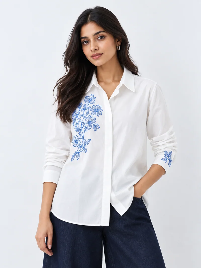 White embroidered shirt fashion look on Indian-looking model